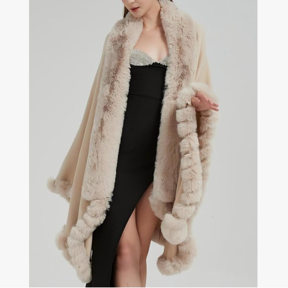 Faux Fox Fur Trim Cardigan Cloak Shawl